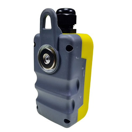 Yellow Tail Lift Control Box - Two Way with push buttons and top gland, designed for industrial lift use. Includes a magnet for secure attachment.