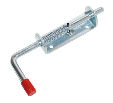 Spring Loaded Bolt (12mm diameter) for commercial vehicles, featuring a red-handled metal latch and close-up details of the spring and bolt components.