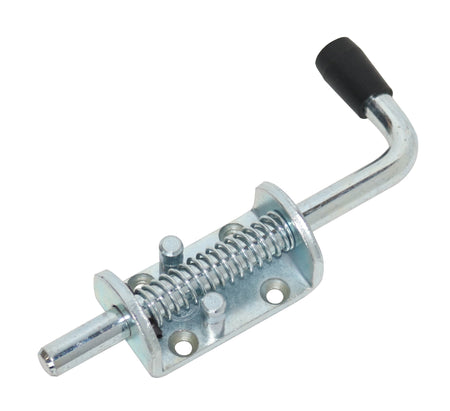 Pin Type Spring Loaded Bolt (12mm diameter) for commercial vehicles, featuring a metal latch with bracket and fixing holes, designed for secure trailer applications.