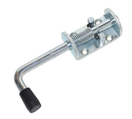 Pin Type Spring Loaded Bolt (12mm diameter) with black handle and metal latch, designed for commercial vehicles and HGV trailers, features a 75x40mm bracket.