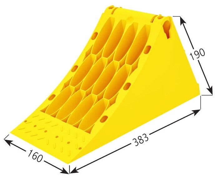 Small Wheel Chock (L383mm x W160mm x H190mm) with internal honeycomb structure and steel grip strip, designed to secure vehicle wheels.