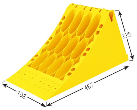 Large Wheel Chock (L467mm x W198mm x H225mm) in yellow, reinforced plastic with steel 'Grip' strip, honeycomb core, anti-skid studs; fits large commercial vehicles.