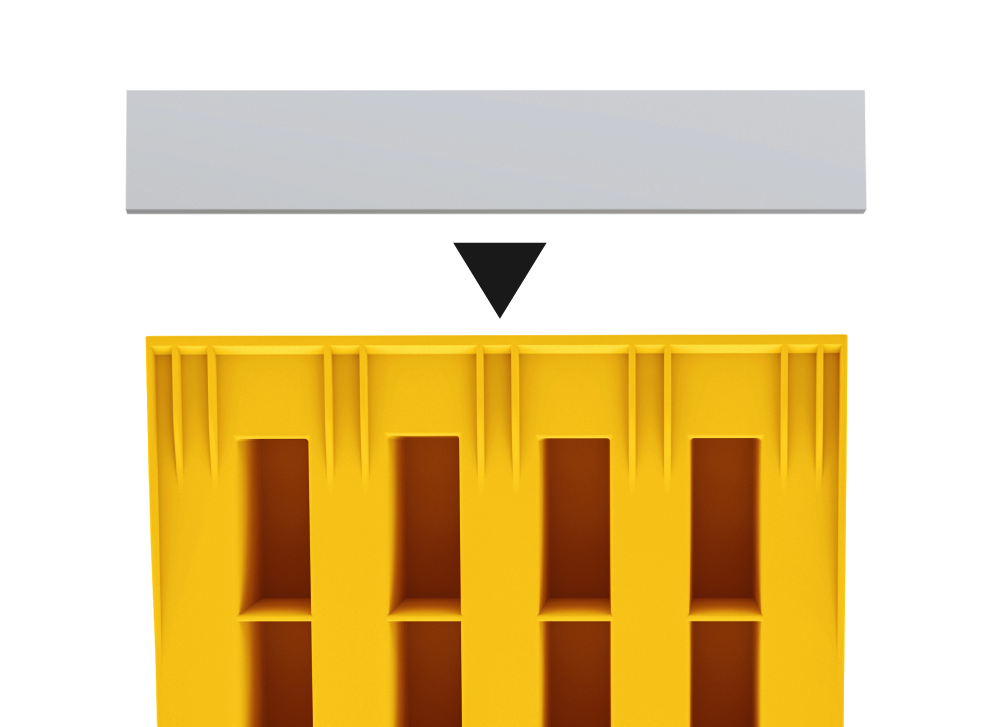 Folding Large Wheel Chock with steel insert grip strip, featuring a robust, foldable yellow thermoplastic design and six deep recesses for secure vehicle stabilisation.