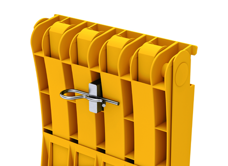 Single Holder for Folding Wheel Chock, yellow plastic bracket with steel hinge-pin and R-clip, fits NTP-0671 chock; 69x35x65mm.