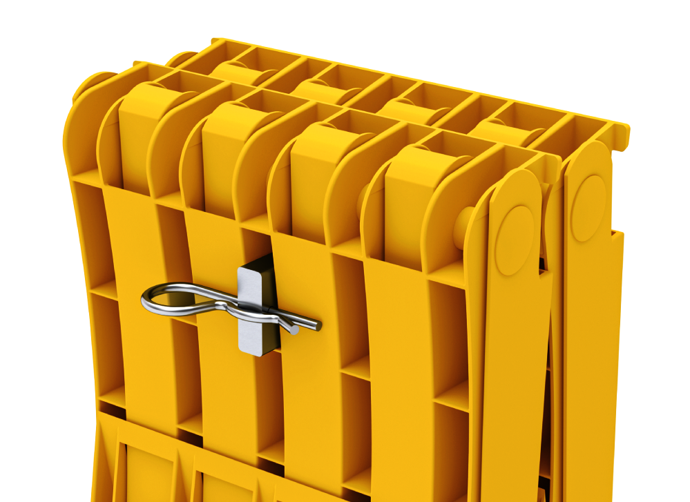 Double Holder for Folding Wheel Chock, featuring interlocking hinges and an R-clip for secure positioning, compatible with NTP-0671 chock. Measurements: L124 x W35 x H65mm.