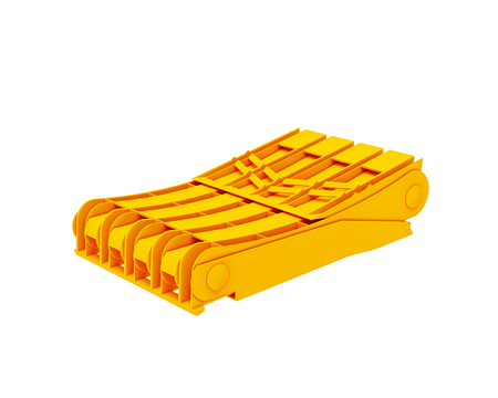 3-D render of a Folding Large Wheel Chock with curved slats, steel insert, and foldable design, suitable for large commercial vehicles and trailers. Size: L463mm x W198mm x H228mm.