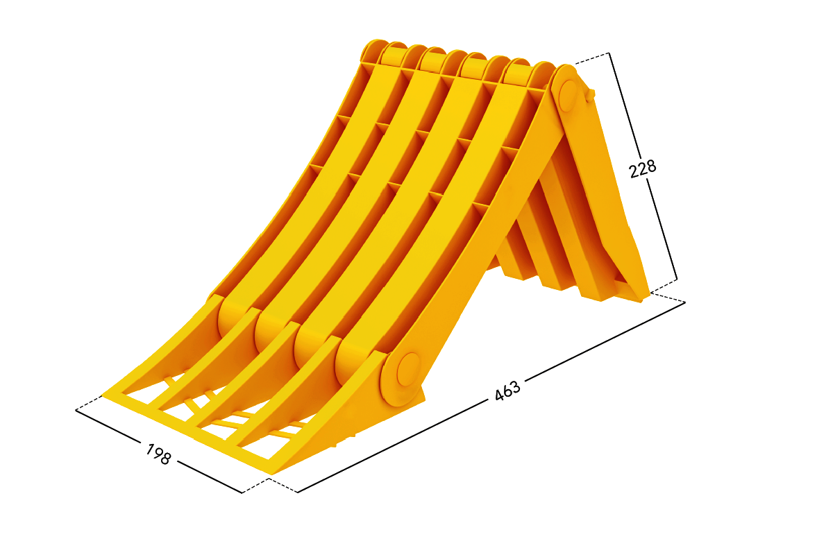 Folding Large Wheel Chock: CAD-rendered yellow ramp with ribbed panels. Measures 463mm L x 198mm W x 228mm H. Ideal for large vehicles, featuring steel grip strip.