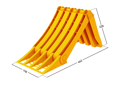 Folding Large Wheel Chock: CAD-rendered yellow ramp with ribbed panels. Measures 463mm L x 198mm W x 228mm H. Ideal for large vehicles, featuring steel grip strip.