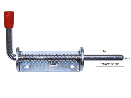 Spring Loaded Bolt (12mm diameter) for commercial vehicles, featuring a metal rod with a spring and a screw, ideal for HGV trailers.