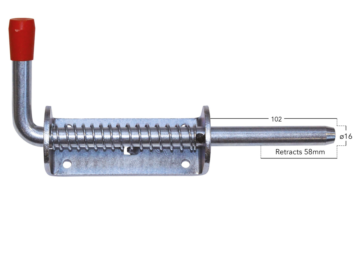 Spring Loaded Bolt (16mm diameter) featuring a metal rod with a screw and spring, designed for commercial vehicle and HGV trailer applications.