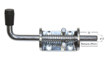 Pin Type Spring Loaded Bolt, 12mm diameter, featuring a metal latch and spring with screws, designed for commercial vehicles and HGV trailers.