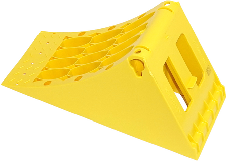 Small Wheel Chock (L383mm x W160mm x H190mm) with steel grip strip, ideal for securing commercial vehicle wheels. Holders sold separately.