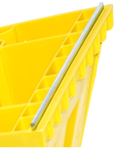 Close-up of Large Wheel Chock (467mm x 198mm x 225mm) showing honeycomb interior and steel hinge for commercial vehicle stability.