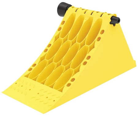 Large Wheel Chock (L467mm x W198mm x H225mm) with steel 'Grip' strip, honeycomb interior, textured face for commercial vehicle safety.