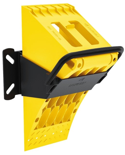 Small Wheel Chock Holder with snap-lock fixing, suits NTP-0665. Features secure black plastic bracket, 4 slotted fixing holes. Ideal for trailer safety.