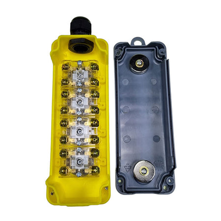 Four Button Mafelec Style Control Box with metal screws and magnets for secure attachment, ideal for commercial trailer applications.