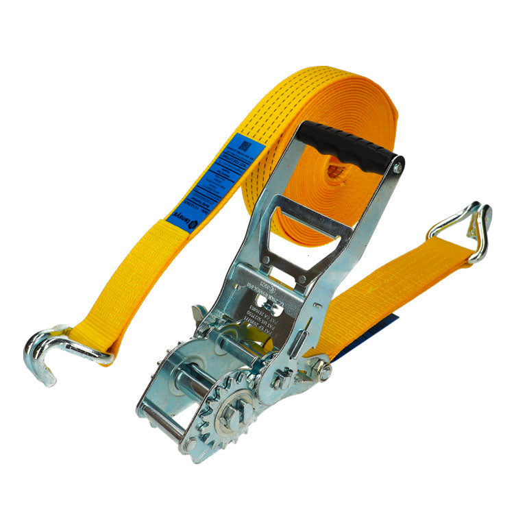 Geared Ergo Ratchet Strap STF 650daN Claw Hook 10m, featuring heavy-duty yellow webbing and metal ratchet with claw hooks for secure cargo transport, ideal for commercial vehicles.
