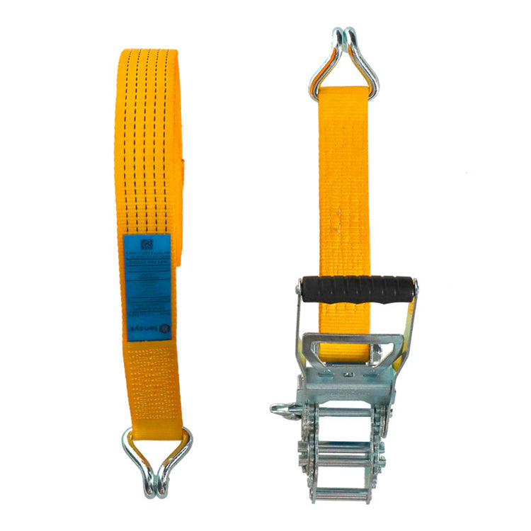 Geared Ergo Ratchet Strap STF 650daN, 10m with claw hooks, featuring yellow polyester webbing and ratchet buckle for secure cargo load restraint.