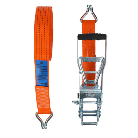 Geared Ergo Ratchet Strap STF 950daN Claw Hook - 10.0 metre shown with orange webbing and metal buckle, ideal for securing loads on trailers.