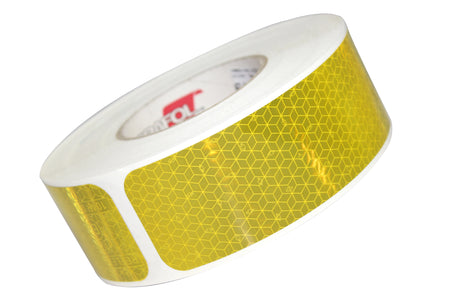 Yellow Conspicuity Tape (Rigid Grade - Segmented for Tankers), 50 Metre Roll. Retro-reflective, 50mm wide, ideal for safety markings on trailers. Durable, easy application, ECE104 approved.