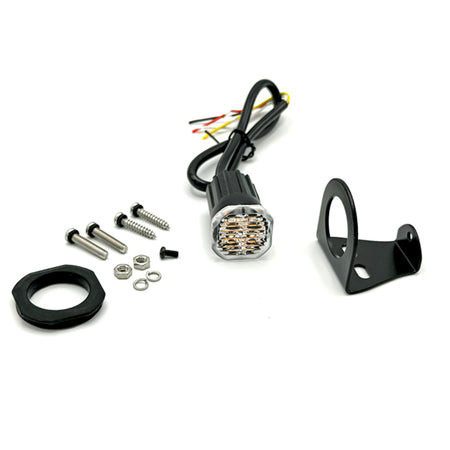 Button Blast LED Warning Lights - Amber (Pair) with a black metal bracket, providing high-powered, versatile lighting for vehicle installation, including bumpers and grills.