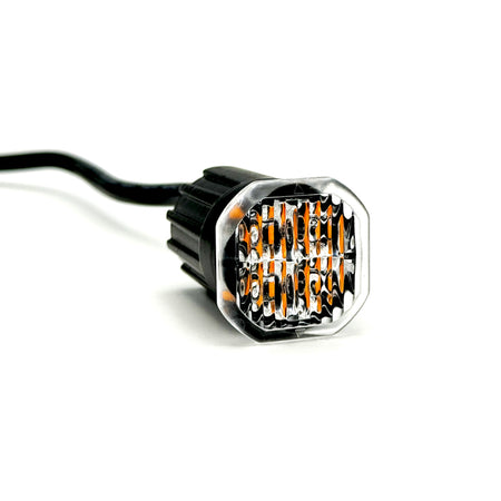Button Blast LED Warning Lights - Amber (Pair), compact with high-power LEDs, suitable for various vehicle fittings; includes mounting kit and control box, CE and ECE approved.