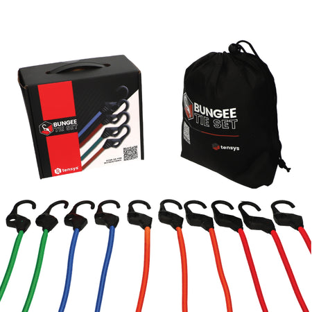 10 Pack of Bungee Cords with Hooks in a carry bag, featuring finger holes for easy use; ideal for securing loads, available in various lengths.
