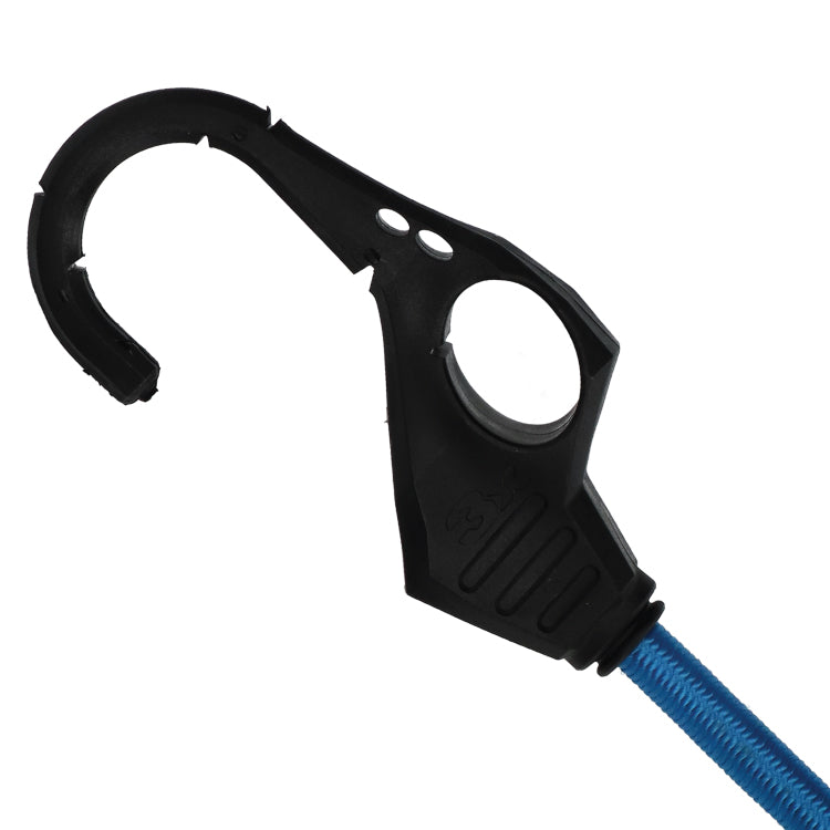 10 Pack of Bungee Cords with Hooks: Blue cord with black plastic hook, ideal for securing loads. Includes multiple sizes and UV-resistant materials for durability.