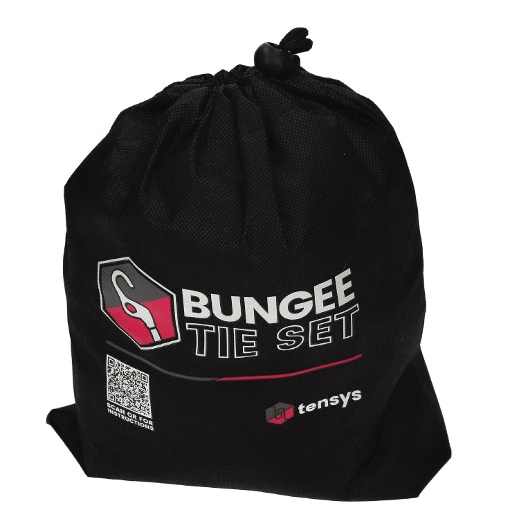 10 Pack of Bungee Cords with Hooks in a labelled pouch. Multi-sized, UV-resistant, high-strength cords with finger holes for safety. Ideal for securing loads.