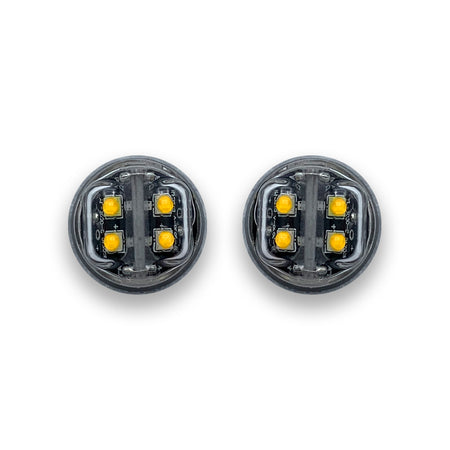 Hide Away Covert AMBER LED Light Kit, featuring two round, recessed lights with high-powered LEDs for discreet vehicle installation. Includes control box and flash pattern options.