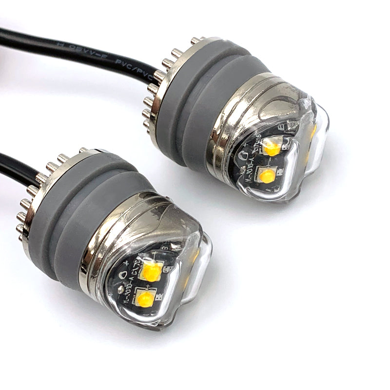 Hide Away Covert AMBER LED Light Kit featuring round, discreet lights with wires, designed for vehicle integration. Contains high-powered LEDs and multiple flash patterns.