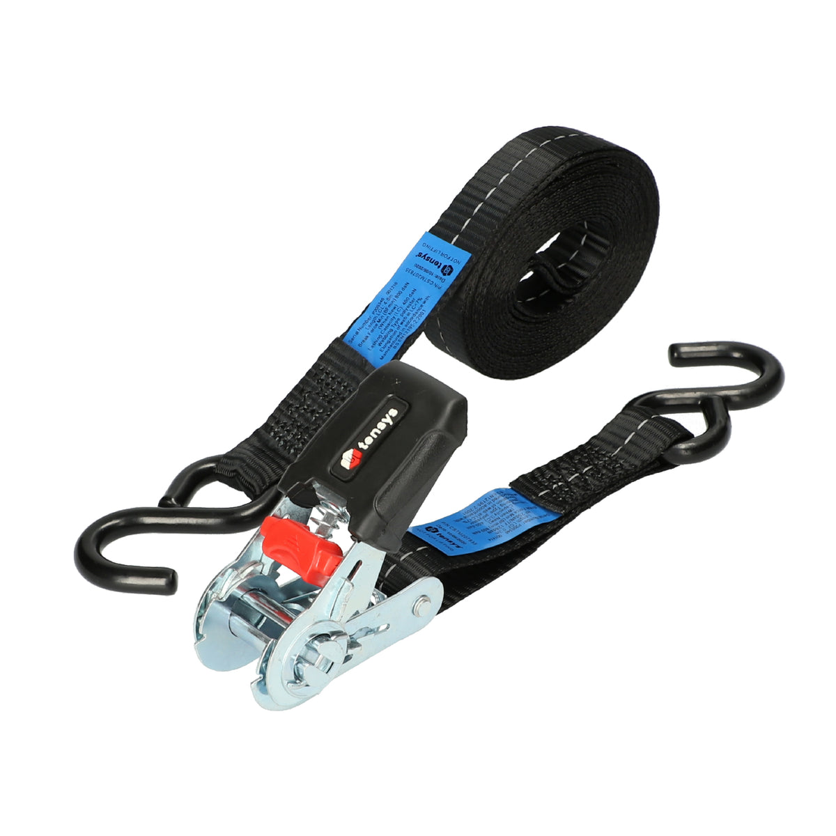 25mm wide, 800kg Premium Ratchet Strap with Soft Grip Moulded Handle, featuring black S hook ends and blue label, ideal for secure load restraint. Pack of 4.