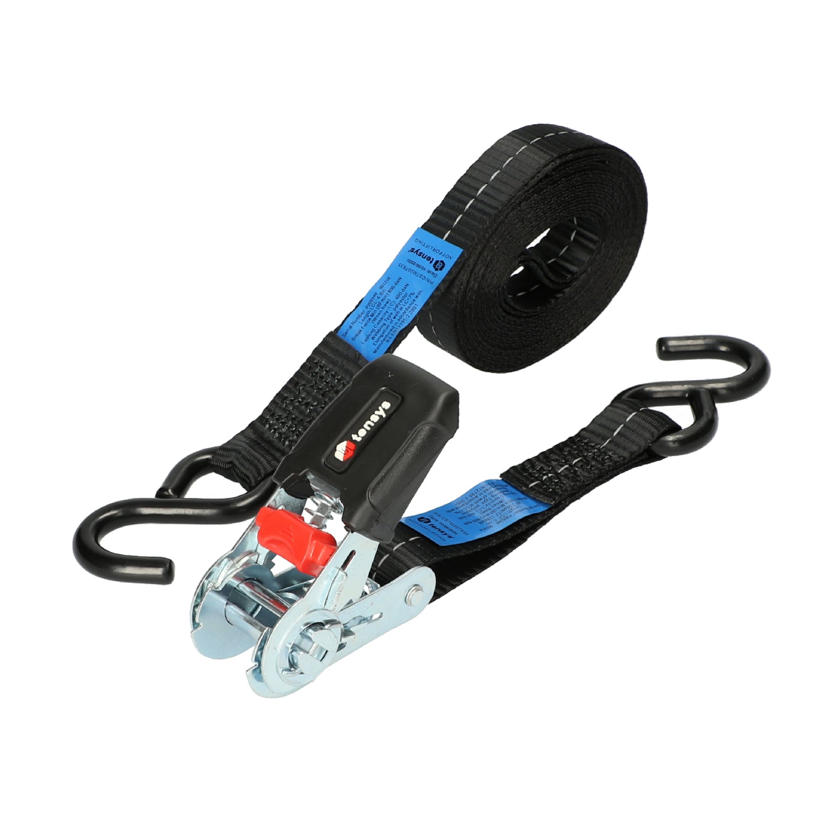 25mm wide, 800kg Premium Ratchet Strap with Soft Grip Moulded Handle, featuring black S hook ends and blue label, ideal for secure load restraint. Pack of 4.