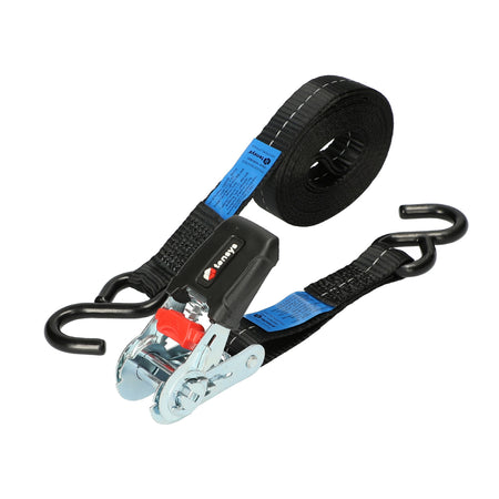 25mm wide, 800kg Premium Ratchet Strap with Soft Grip Moulded Handle, featuring black S hook ends and blue label, ideal for secure load restraint. Pack of 4.