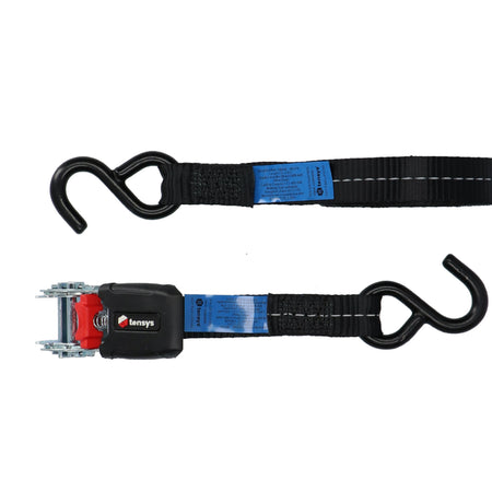 25mm wide, 800kg Premium Ratchet Strap with Soft Grip Moulded Handle, featuring blue label and black 'S' hook ends, shown in close-up.