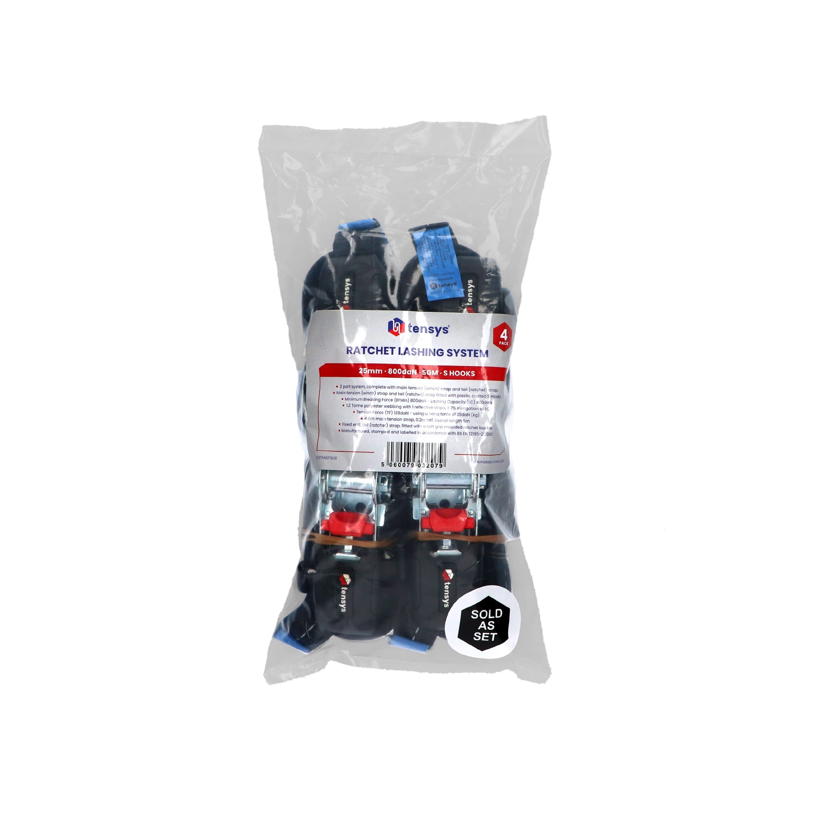 25mm wide, 800kg Premium Ratchet Strap pack, featuring soft grip molded handles and 'S' hook ends, packaged in a clear plastic bag.