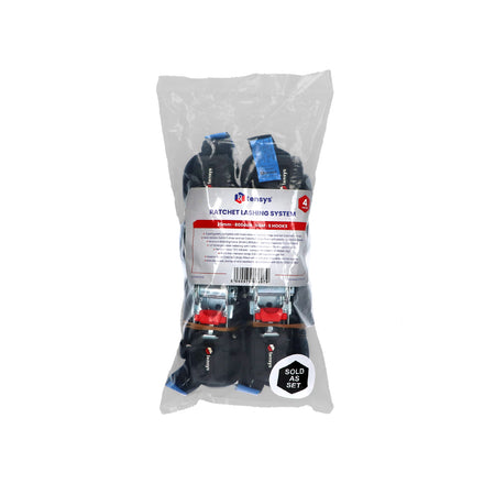 25mm wide, 800kg Premium Ratchet Strap pack, featuring soft grip molded handles and 'S' hook ends, packaged in a clear plastic bag.