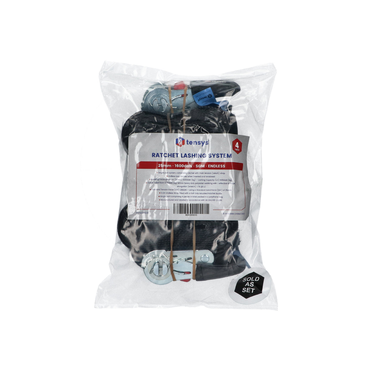 Premium 25mm wide, 250kg endless ratchet strap with soft grip handle, packed in a polythene bag, includes four pieces for secure load restraint.
