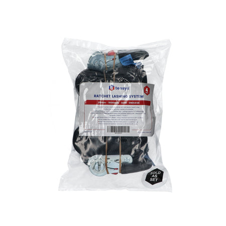 Premium 25mm wide, 250kg endless ratchet strap with soft grip handle, packed in a polythene bag, includes four pieces for secure load restraint.