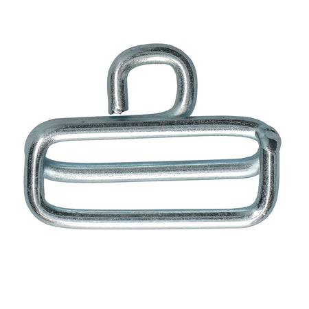 Strap Slide Adjuster for Roof Mounted Bungee Systems, featuring a metal hook for secure, adjustable connections on commercial trailer straps.