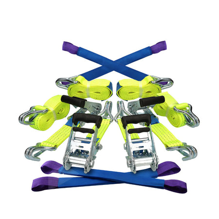 4-pack Set of Premium Hi-Vis 50mm Wide Car Transporter Straps with claw hooks, protective sleeves, and ratcheting buckles for secure vehicle transport.