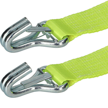 4-pack Set of Premium Hi-Vis 50mm Wide Car Transporter Straps with safety latch hooks on yellow webbing, ideal for securing vehicles during transport.