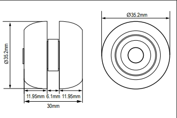 Diagram of a Grey Roller for SDC Track, featuring circles with measurements, designed for Lawrence David and SDC alloy track rails.