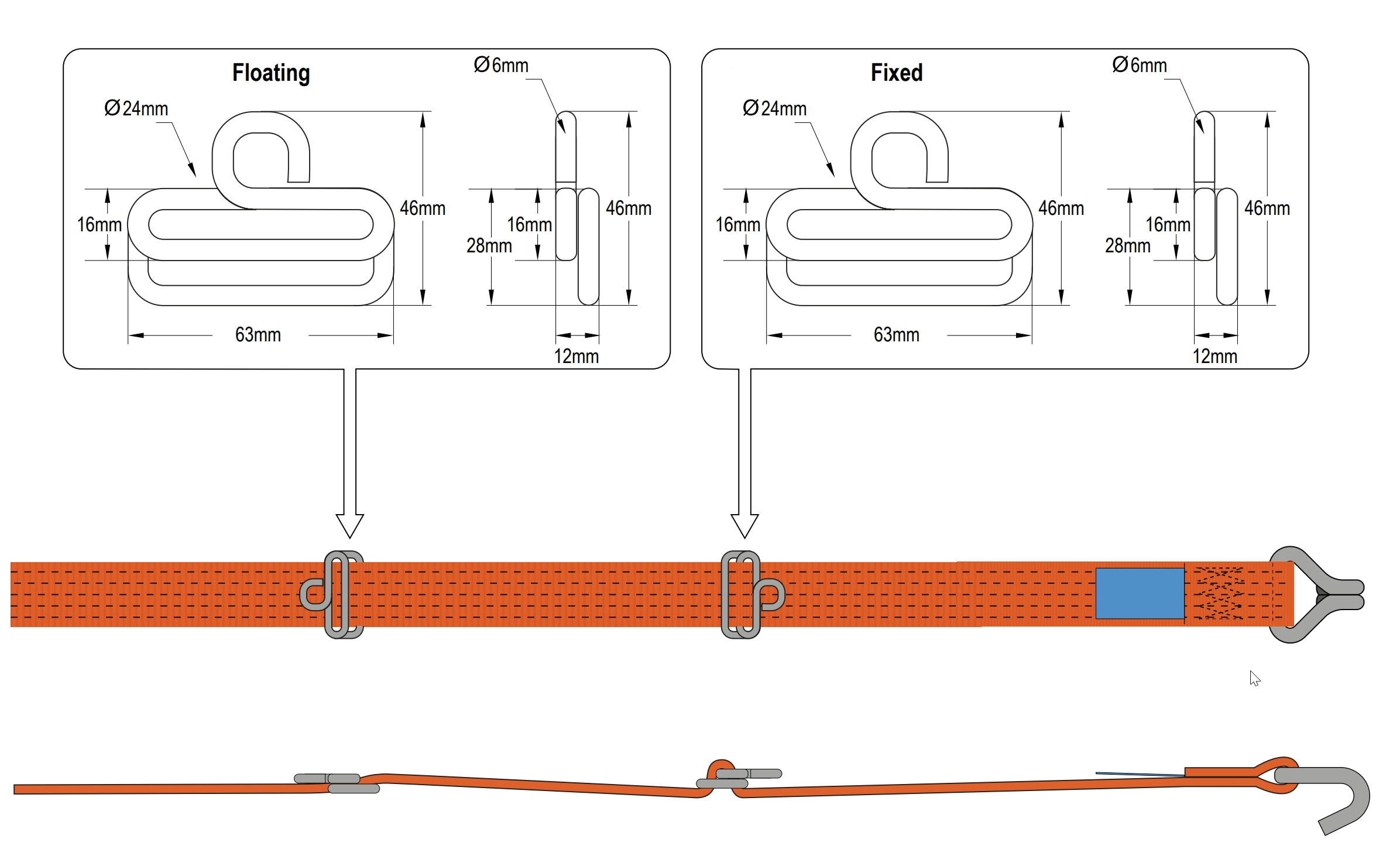 Strap Slide Adjuster diagram showing strap, buckle, wire, and hook components for connecting roof-mounted bungee systems, suitable for large commercial trailers.