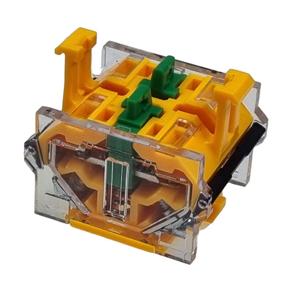 Contact Double NO+NO device for Dhollandia tail lifts, featuring a distinctive yellow and green plastic design, suitable for commercial trailer applications.