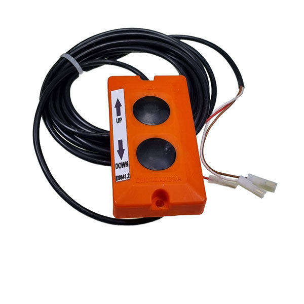 2 Button Control Box (E0841.2) with white buttons, designed for Dhollandia tail lifts, featuring wiring loom for efficient cable management in large commercial trailers.
