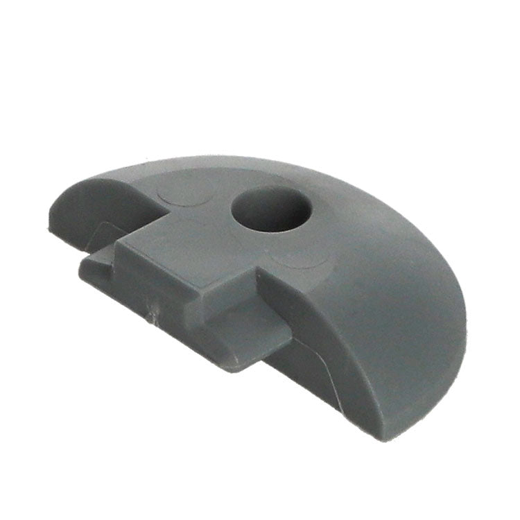 Extruded Aluminium Captive Track End Cap: Dark-grey, half-cylinder plastic cap with a 3.2mm fixing hole and rectangular tab for flush fitting to NTP-0530 track.