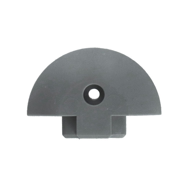Extruded Aluminium Captive Track End Cap, featuring a half-circle design with a central hole and rectangular socket, ideal for secure rail fastening in trailer assemblies.