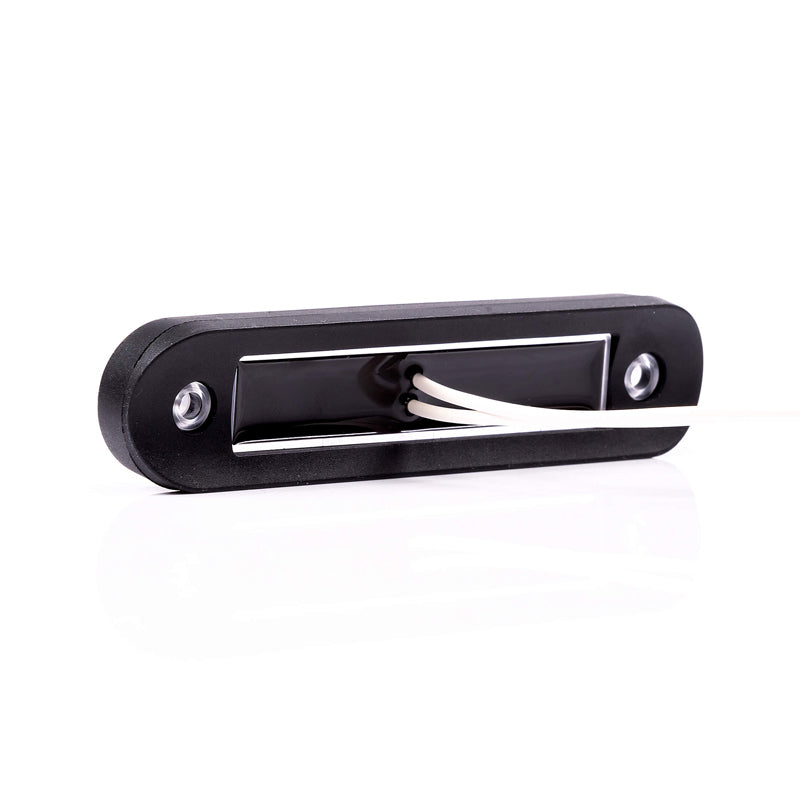 8 LED Long Marker Light, black rectangular design, features white wire. Suitable for vehicle mounting, includes rubber mounts, IP68 weather resistance, easy installation for commercial use.