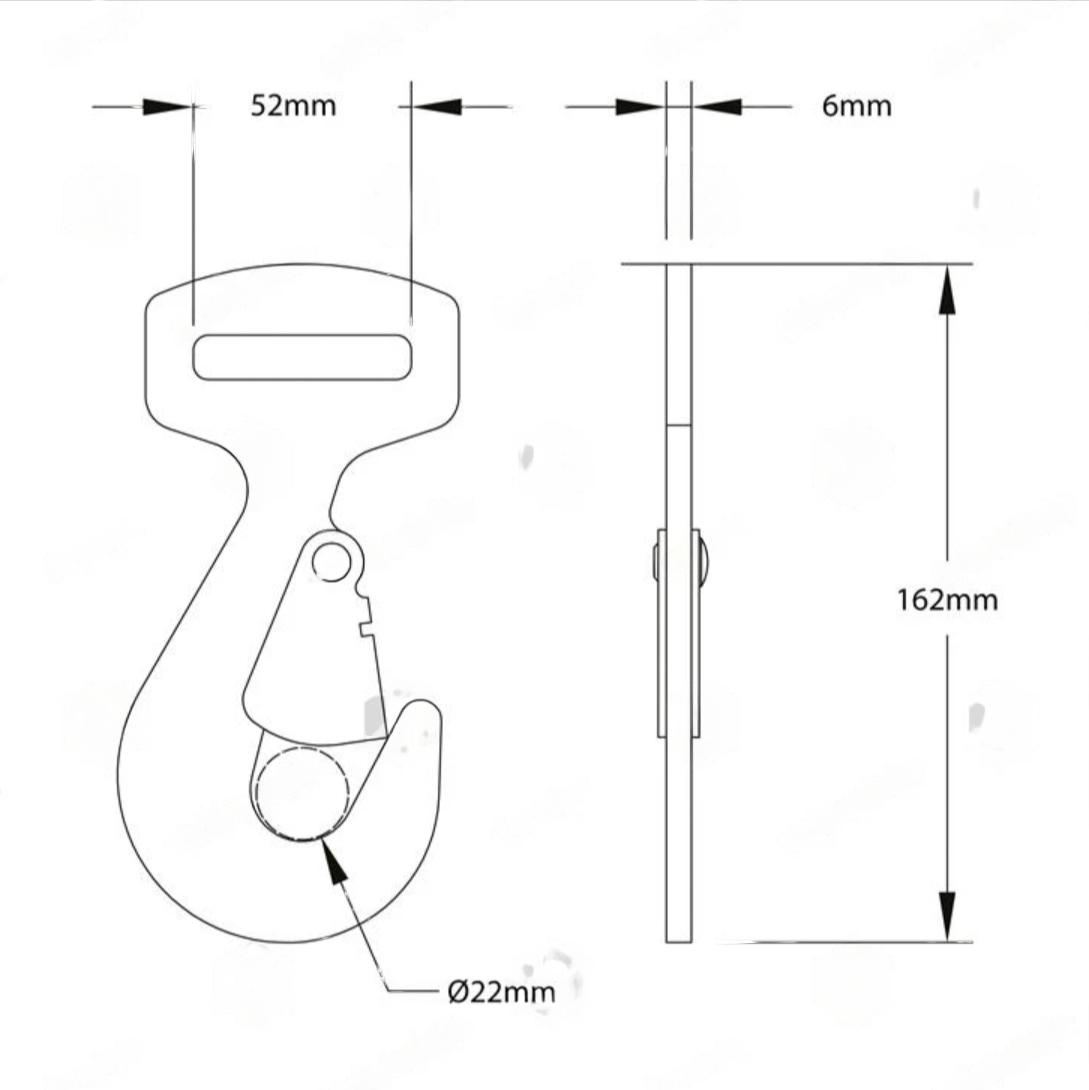14 Metre Bay Strap with snaphooks and D rings, featuring a diagram of the strap's hook and fitting mechanisms, used for load restraint in commercial trailers.
